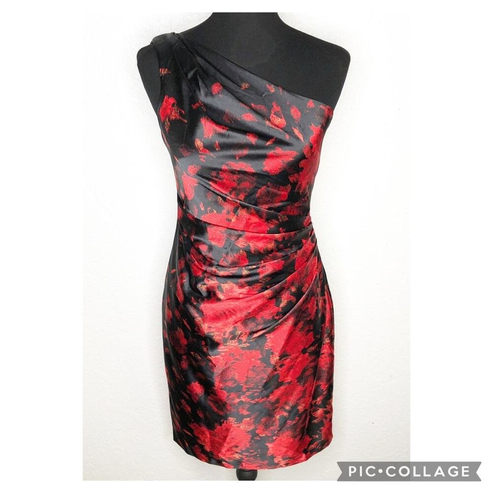 Cache black red floral satin one shoulder ruched sheath dress size 4